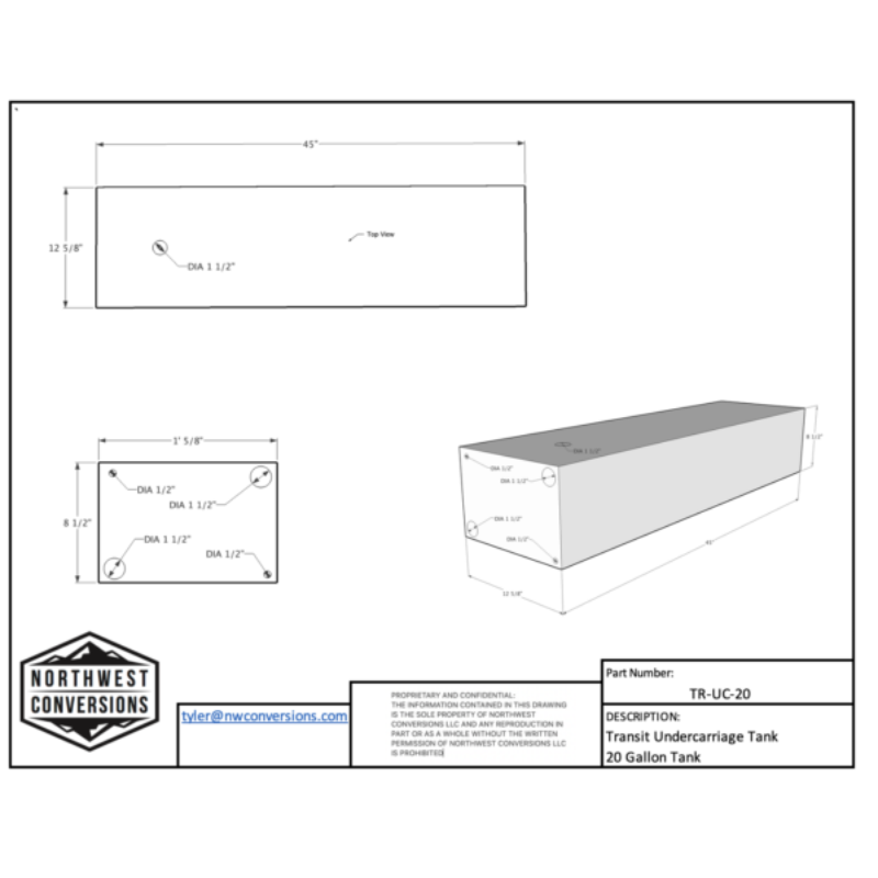 NW Conversions 20 Gallon Driver Side Transit Undercarriage Water Tank (TR-UC-20) GoCode