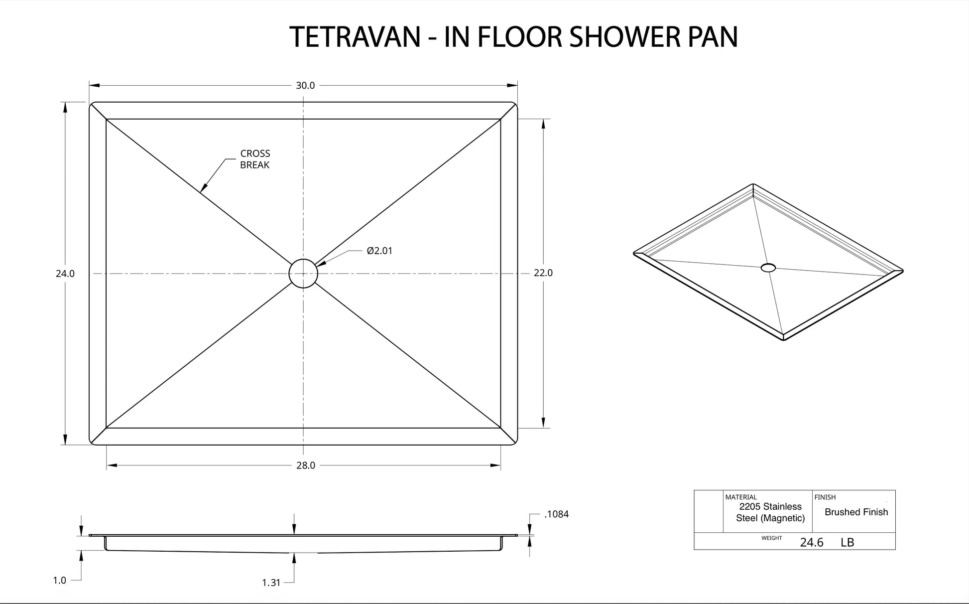 Tetravan In-Floor Shower Pan STAINLESS STEEL GoCode