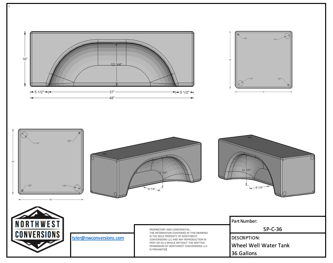 NW Conversions 36 Gallon Wheel Well Water Tank - Centered (SP-C-36) GoCode